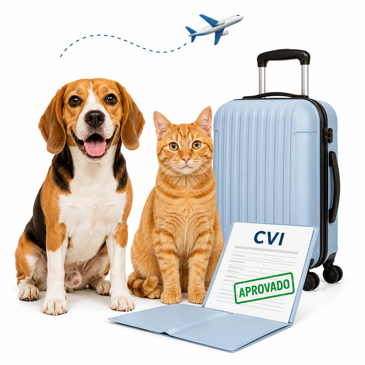 Cão Beagle e Gato Listrado prontos para viajar
