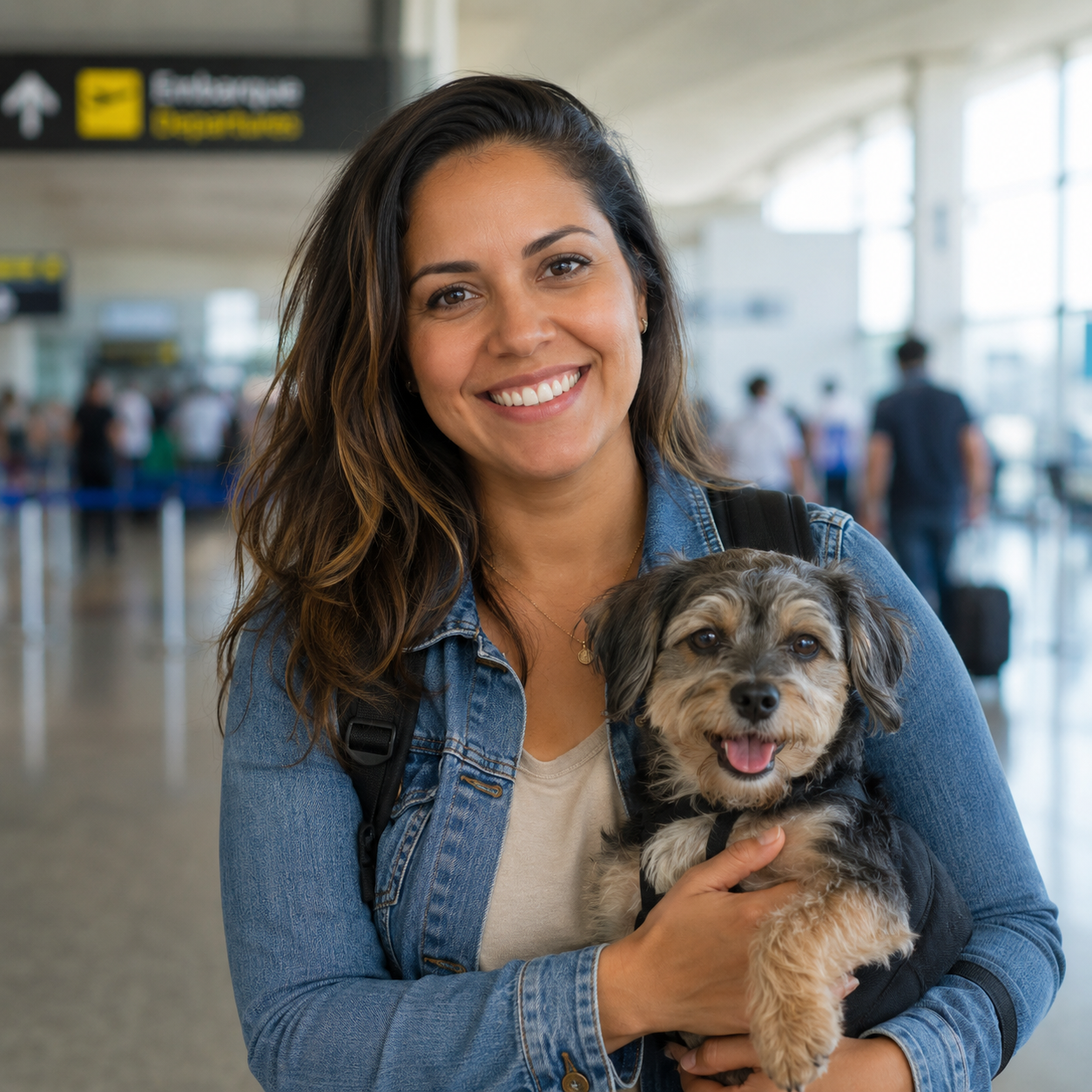 Tutor com pet viajando em segurança